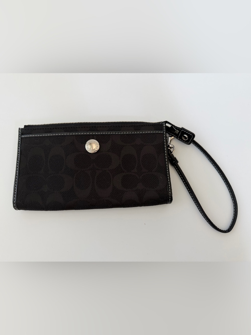 Coach Black Signature Wristlet with Silver Accent